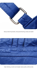 Detailed macro view of blue pebbled leather texture and reinforced silver metal hardware