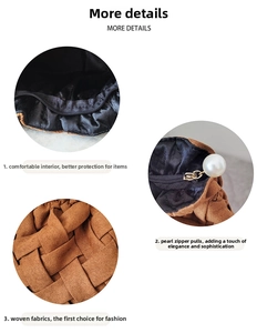 Detail of corduroy makeup bag featuring a pearl zipper pull and soft inner lining