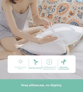 Detail of four-layer cotton pillow towel showing elastic strap and bohemian pattern