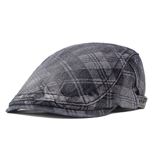 Casquette gavroche gris foncé à carreaux en coton lavé style béret rétro chic