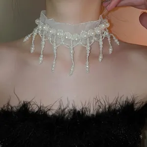 Elegant white lace choker necklace with pearl fringe tassels for women evening wear