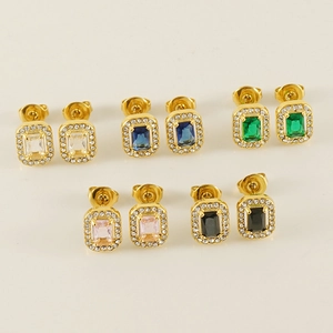 Double-layer gold stainless steel square zircon earrings in five vibrant colors