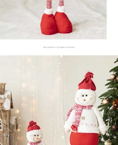 Detail of red fabric snowman doll with telescopic legs and Merry Christmas greeting