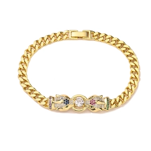 Detail shot of Cuban link bracelet featuring dual leopard heads with colorful zircon stones