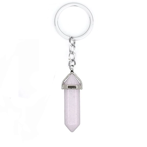 Pink natural crystal hexagonal column keychain with silver metal ring on white background