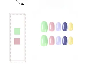Detailed set of 10 macaron multicolor round press-on nails in pastel vibrant shades