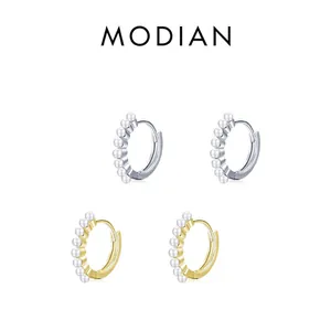 Elegant S925 sterling silver hoop earrings with white pearls in gold and silver finishes