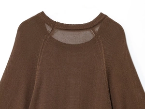 Detail of dark brown knit sweater neckline with reinforced ribbing and raglan seams
