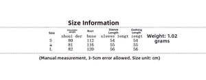 Detailed size chart for women's PU leather jacket including shoulder and bust measurements