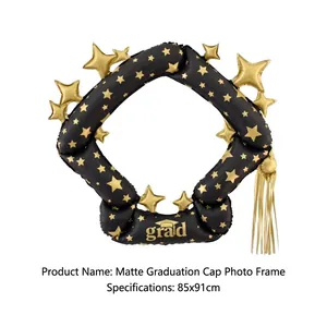 Matte black and gold graduation photo frame balloon with grad text, size 85x91cm