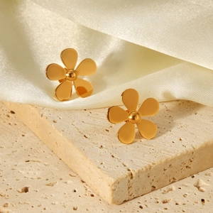 Minimalist 18k gold plated stainless steel five-petal flower stud earrings on stone