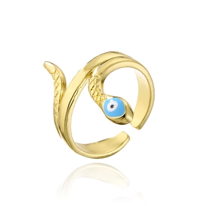Detail of 18K gold plated snake ring featuring a blue evil eye motif and open band