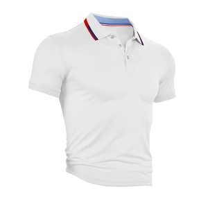 Detail view of white polo shirt showing collar texture and red and blue striped ribbon trim