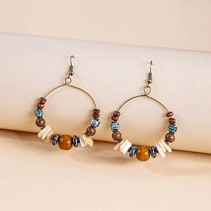 Bohemian Beaded Hoop Earrings With Wood Shell Beads And Stainless Steel Earring Post Vintage Ethnic Style For Women