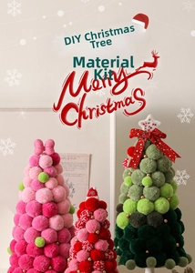 DIY Christmas tree decoration with colorful pom poms and bows for desktop ornament