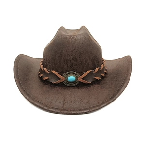 Brown western cowboy hat with leather texture, turquoise stone band, and wide brim