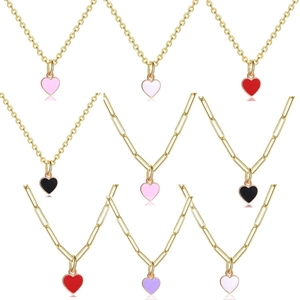 Colorful heart necklaces collection with paperclip and link chains in gold finish