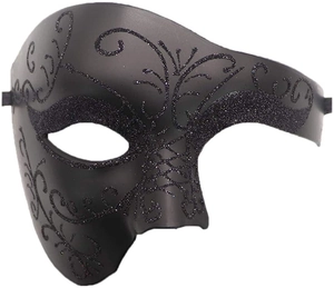Dettaglio della maschera veneziana nera con finitura opaca e motivi floreali glitterati