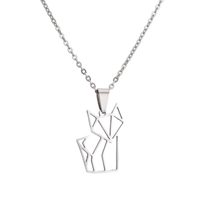 Minimalist silver origami fox pendant necklace in stainless steel with thin O-link chain