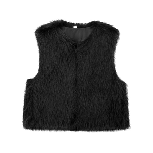 Women's black faux fur vest with sleeveless design and V-neckline on white background