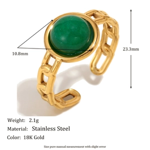 18K gold plated stainless steel chain ring with green round gemstone, weight 2.1g