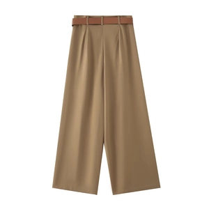 Pantalon satiné kaki taille haute à jambes larges pour femmes avec ceinture assortie
