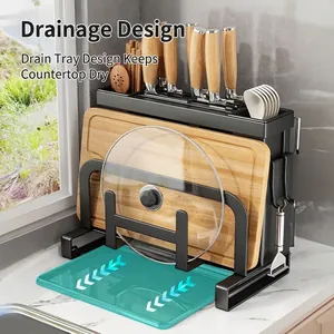 Multifunctional black kitchen knife holder with cutting board rack and drain tray