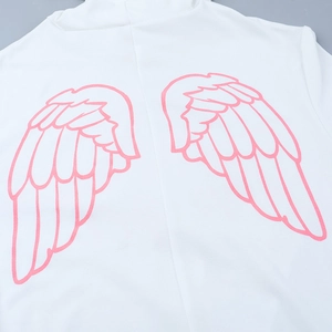 Close-up of symmetrical pink angel wings print on the back of a white slim bodysuit
