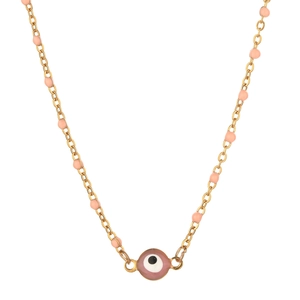 Close-up of golden stainless steel chain with pink beads and evil eye pendant detail
