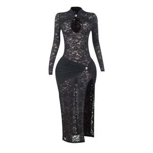 Elegant black lace long sleeve maxi dress with chest cutout and high side slit detail