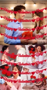 Dettaglio dello striscione rosso Happy Valentine's Day con cuori per decorazioni party