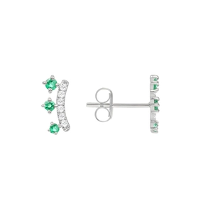 Macro shot of silver crown earrings with three green gemstones and sparkling zircons