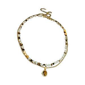 Gold plated layered necklace with oval tiger eye pendant and multi-color beaded chain
