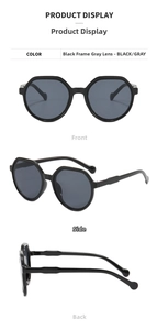 Three-angle view of black geometric sunglasses with deep gray lenses and round temple tips