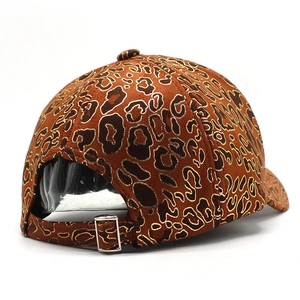 Rear view of leopard print baseball cap with suede texture and gold metal buckle
