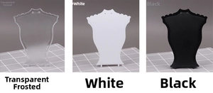 Three-piece necklace display stands in frosted, white, and black plastic finishes