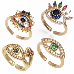 Bague En Cuivre Oeil Maléfique Coeur Zircon Coloré Plaqué Or Bijoux De Mode Ajustable Pour Femme