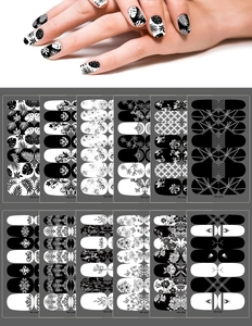 Black And White Series Nail Stickers Full Cover Nail Wraps Floral Geometric Patterns Self Adhesive Nail Art Decals For Women