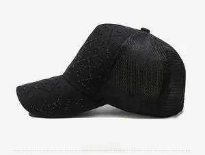 Side view of black rhinestone baseball cap with mesh back and sparkling letter patterns