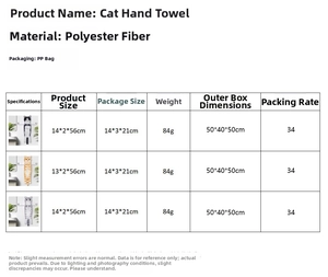 Detailed size chart for realistic cat hand towels showing dimensions and weight metrics