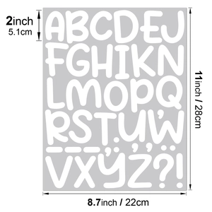 Detail view of 2-inch waterproof vinyl alphabet stickers showing layout and precise dimensions
