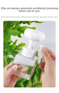 Detailed view of foaming bottle with safety clip to prevent accidental leakage and pressing