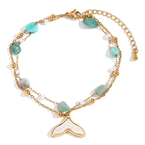Double-layer 18K gold plated anklet with turquoise beads and mother of pearl fishtail pendant