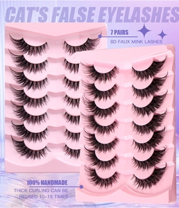 Detailed view of 7 pairs 8D faux mink eyelashes with transparent band and fox eye style
