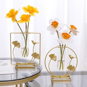 Nordic style creative gold metal frame glass hydroponic vases with bird and leaf decor