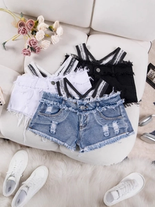 Pantaloncini Di Jeans A Vita Bassa Strappati Orlo Sfrangiato Cotone Hot Pants Con Spalline Sexy Streetwear