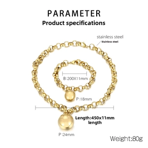 Détails de l'ensemble de bijoux en acier inoxydable doré avec chaînes et boules polies