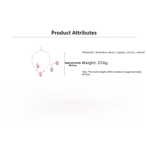 Detailed specs of pink flocked strawberry jewelry set in stainless steel and zircon