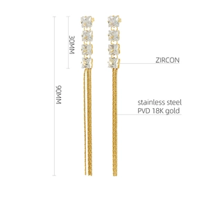 Detail of 90mm long stainless steel tassel earrings with 18K gold PVD and zircon