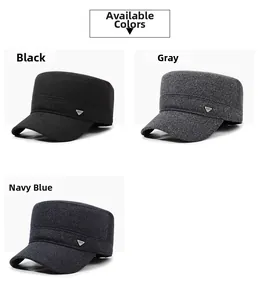 Detailed view of winter military caps in black, grey, and navy with metal logo accents